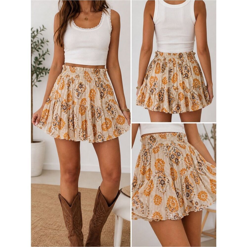 Bishop + Young Splendor Flare Skirt XS Boho Floral Elastic Waist NWT